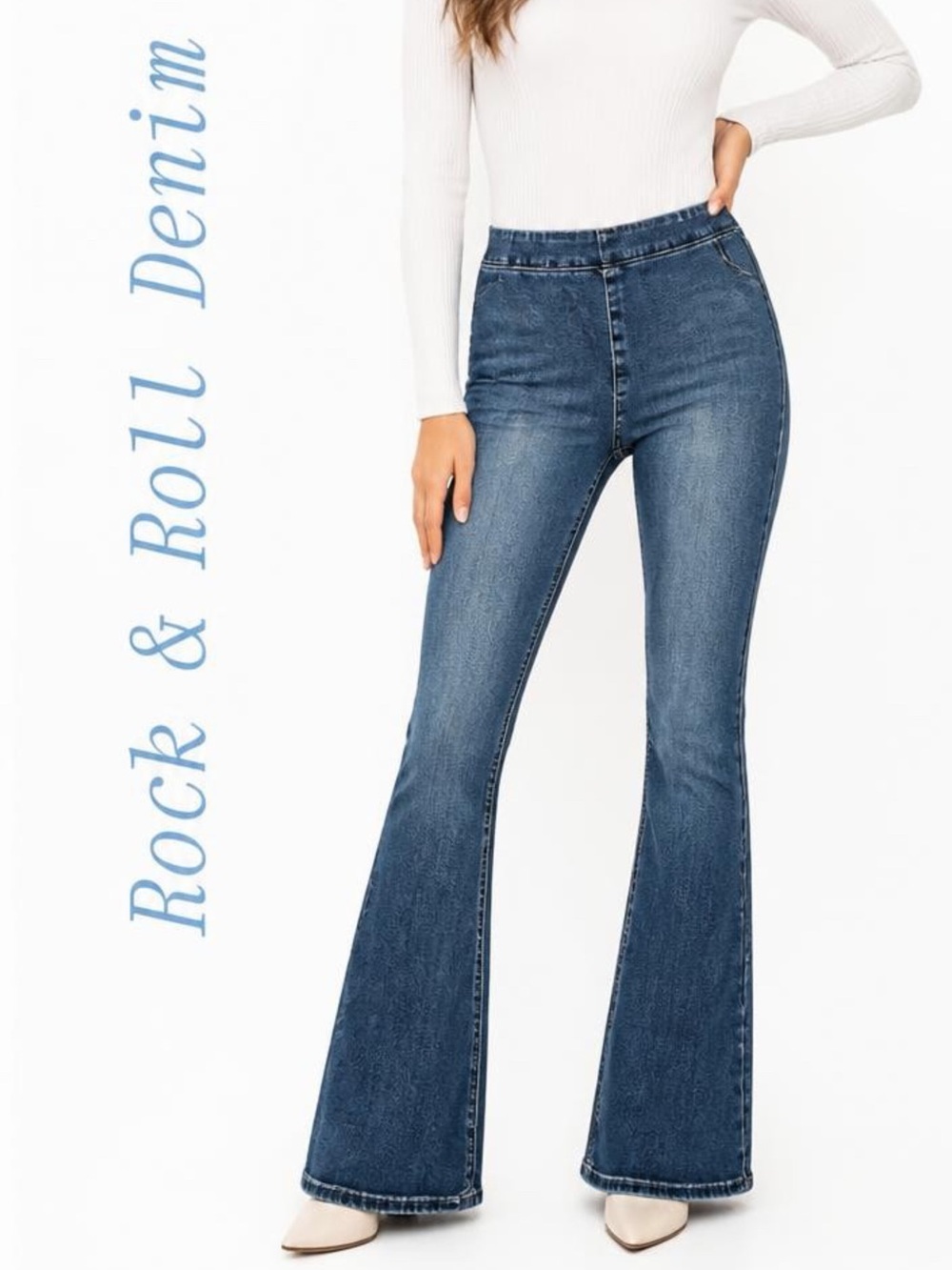Rock & Roll Denim Womens Jeans Sz 28x32 Pull On Flare Leg Hippy 70's Boho